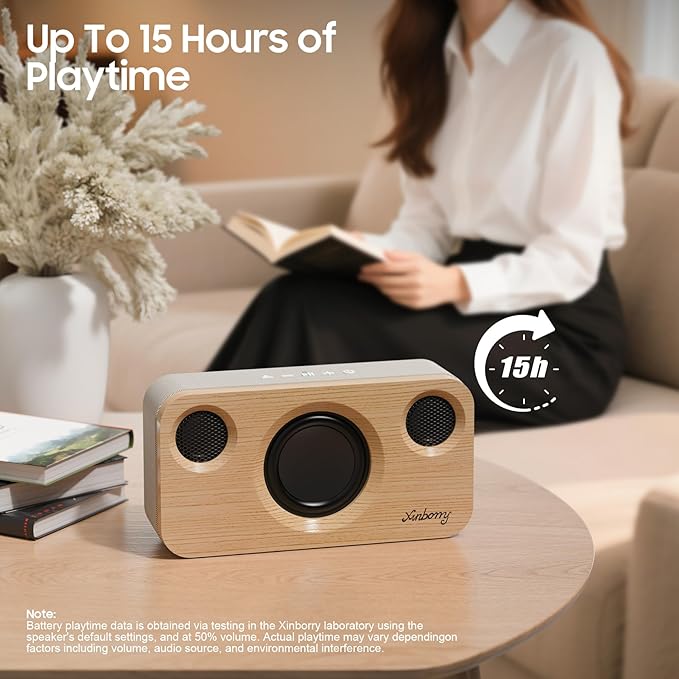 Xinborry Portable Bluetooth Speaker with Deep Bass, 40W(Peak),Bluetooth 5.3,15-Hour Playtime, AUX, TF Card, 2 Way Stereo Sound Wood Home Audio for Indoor, Party, Outdoor, Camping