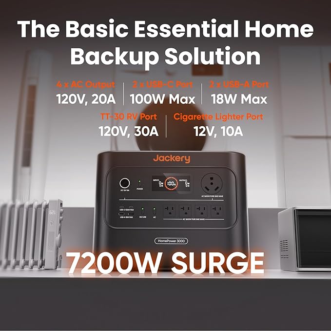 Jackery HomePower 3000 Portable Power Station, 3600W (Surge 7200W) Output, 3072Wh LFP Battery Solar Generator, Essential Home Backup for Home Use, Power Outage, RV, Emergencies (Solar Panel Optional)