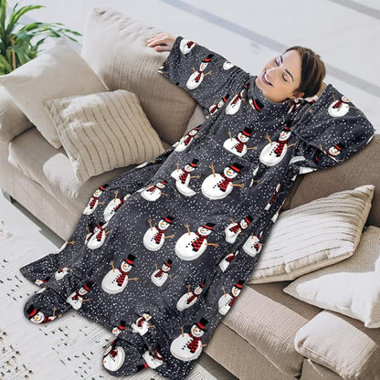 PAVILIA Fleece Blanket with Sleeves, Foot Pockets for Women Men Adults, Plush Wearable Blanket Throw Wrap, Warm Snuggle Blanket Robe, Cozy Gift Ideas Wife Mom, Snowman Gray