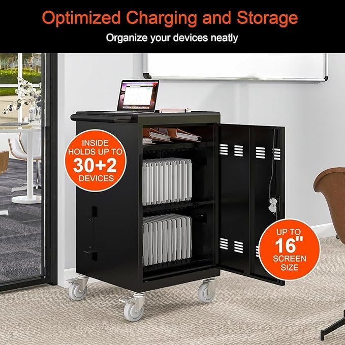 Aokleo 32 Devices Laptop Charging Cart, Tablet Storage Carts for Pad Up to 16.3" Screen Size, Classroom Computer Mobile Charging Station for Pads,Chromebooks,Laptops,Security Storage (Black)