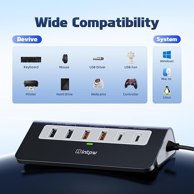 intpw P9 PRO USB C Hub 10Gbps, 9-in-1 USB C Docking Station 3.28FT with 4K@60Hz HDMI, 3 Type-C/A 3.2, 2 Type-A 2.0, PD 100W, SD/TF Port, Black Aluminum USB Hub for Laptop, iPhone 17, MacBook Air/Pro
