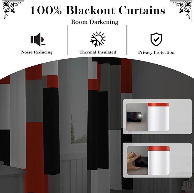 Red Black 100% Blackout Curtains for Bedroom 72 inch Length 2 Panels Set White Grey Modern Abstract Geometric Black Out Curtains Insulated Room Darkening Window Drapes for Living Room, 42Wx72L