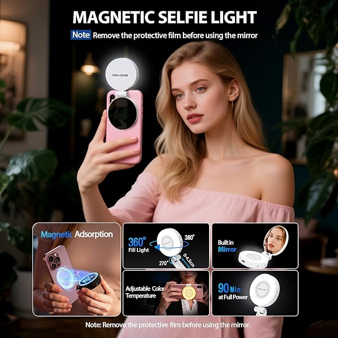CMUBH Magnetic Selfie Light for MagSafe iPhone: 3 Light Modes, Rechargeable 360° Rotatable LED Phone Ring Fill Light with Mirror for Photography, Makeup, TikTok, Zoom, Video Conference, Black