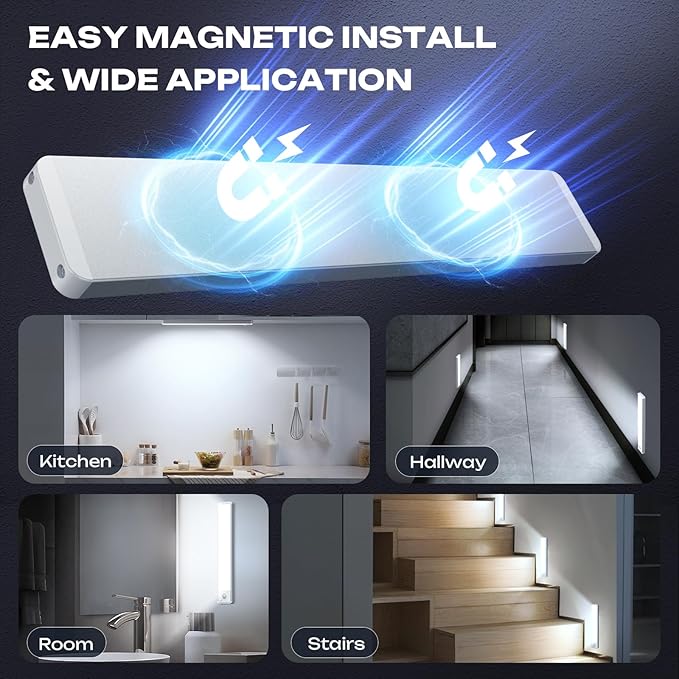 LUMIJOLI 2 Pack Under Cabinet Lighting Wireless 10inch LED Motion Sensor Magnetic Light 2200maAh Rechargeable Indoor Closet Lights for Kitchen, Stairs Cool White