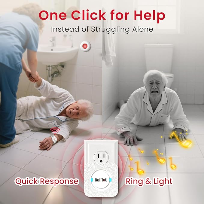 CallToU Caregiver Pager Wireless Call Button Nurse Alert System 500+ Feet for Home/Elderly/Patient/Disabled 2 Plugin Receiver 2 Waterproof Transmitter 2 Watches Transmitter