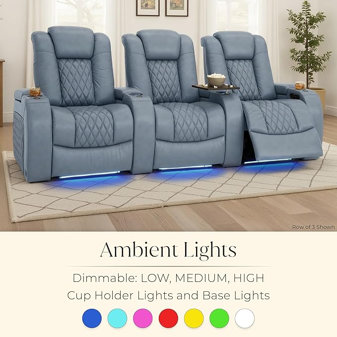 Seatcraft Diamante Zero-Gravity CoolZero Italian Leather Home Theater Seating, Power Headrest, Power Recline, Row of 5 Right Loveseat, Smokey Blue