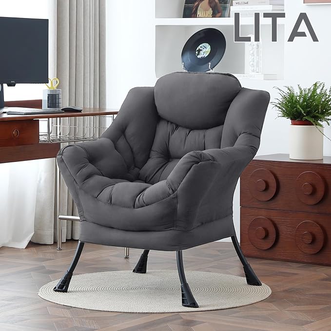 Lazy Chair with Ottoman, Comfy Accent Reading Chair, Dark Grey | Foldable - Image 2