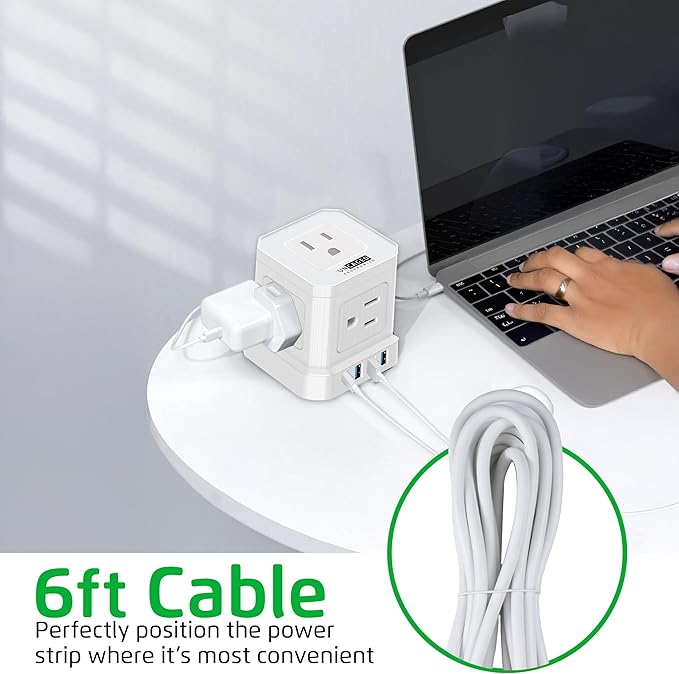 Cube Power Strips with Surge Protection, 6ft Extension Cord with Multiple Outlets, 5 Ac Plugs, 3 USB, 1 Usbc Fast Charging Power Strip with USB Ports, Mountable On/Off Switch Charging Station
