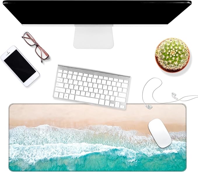 Dynippy Thin Extended Gaming Mouse Pad （31.5 * 11.8 * 0.08 inch） with Stitched Edges Large Mousepad Long XXL Keyboard and Mouse pad Desk Mat for Gaming Office & Home - Blue Sandy Beach