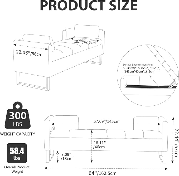 Chifee & Vingol 64" W Storage Benches End of Bed Bench, Light Gray - Image 2