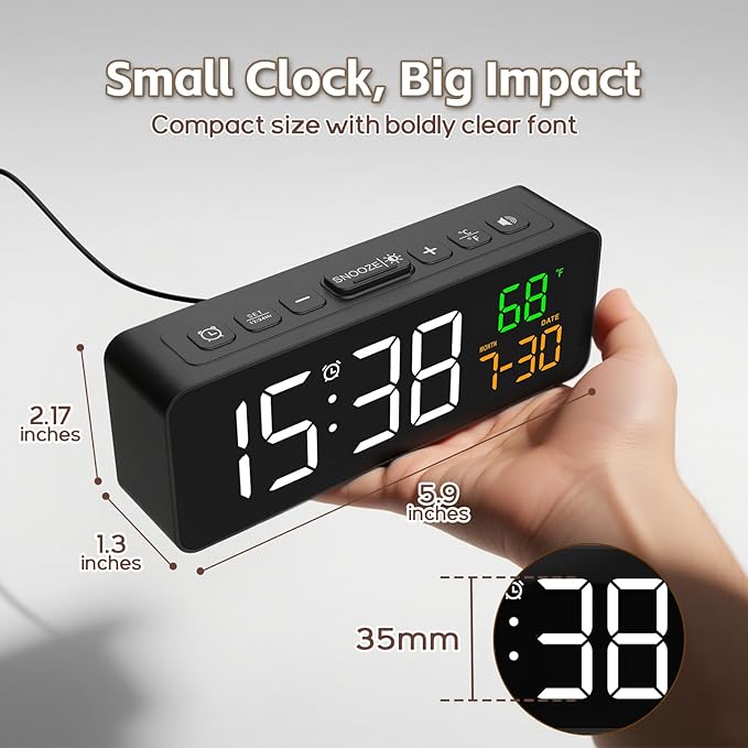 3-in-1 Digital Clocks for Living Room, Small & Compact Alarm Clock | Temperature - Image 2
