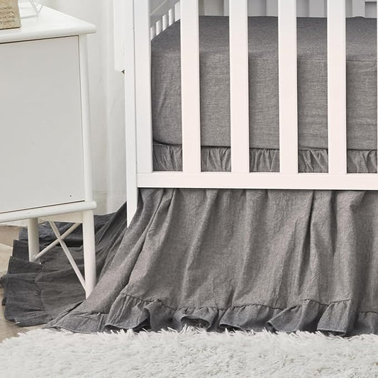 Brandream Boho Bohemian Boy Girl Baby Nursery Crib Bed Skirt Dust Ruffle - Neutral Solid Color Gray Grey Farmhouse Chic 100% Washed Cotton Ruffle - 4 Sided