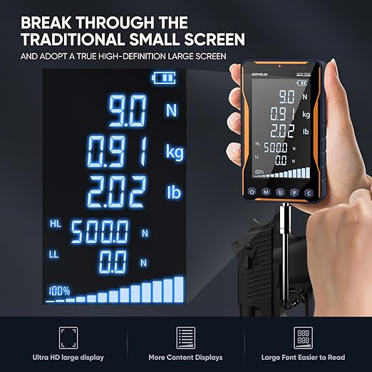 GOYOJO Digital Force Gauge 500N&110LB with Extra-Large Screen and Bold Font, High Precision Multi-Unit Display for Push-Pull Testing, Trigger Pull Measurement, and Industrial Quality Control