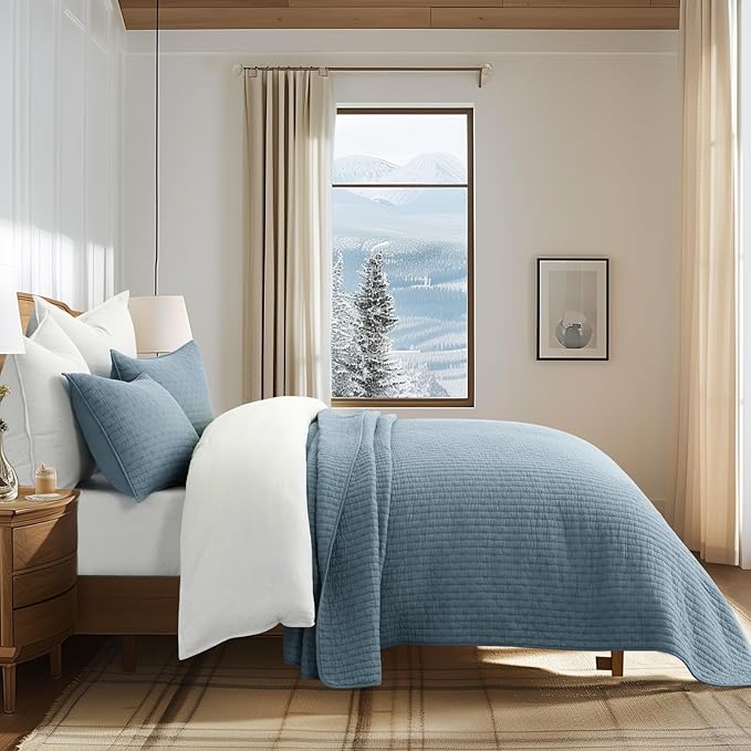 x Kinsey Walsh 100% Cotton Cross Stitch Quilt, Dusty Blue | 100% Cotton - Image 4