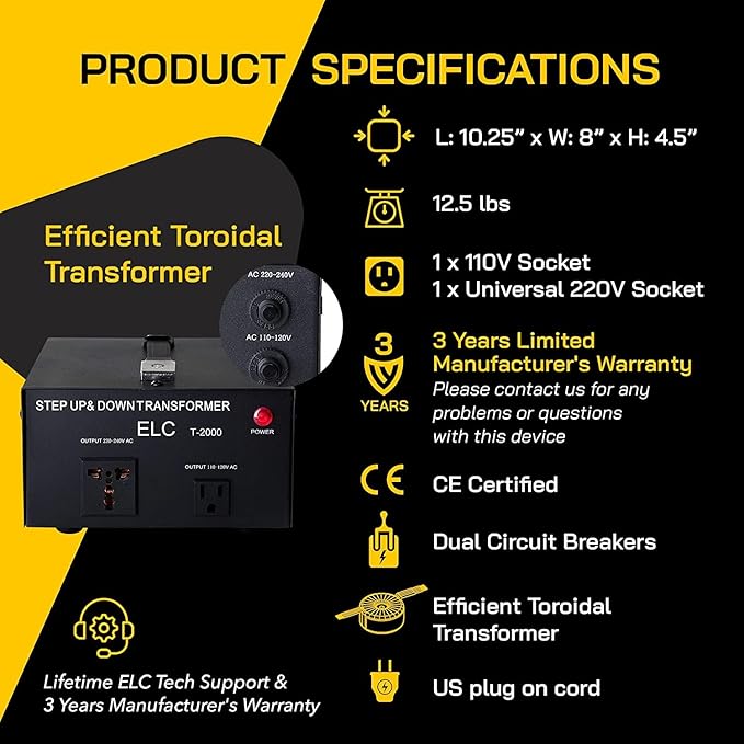 ELC T Series 2000+ Watt Voltage Converter Transformer - Step Up/Down - 110v to 220v / 220v to 110v Power Converter - Circuit Breaker Protection, CE Certified [3-Years Warranty]