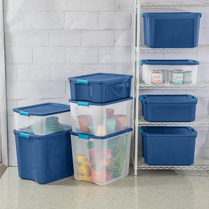 Sterilite 8-Pack Latch and Carry, Clear Plastic Storage Bins with Latching Lids and Full-Grip Handles, 27 Gallon