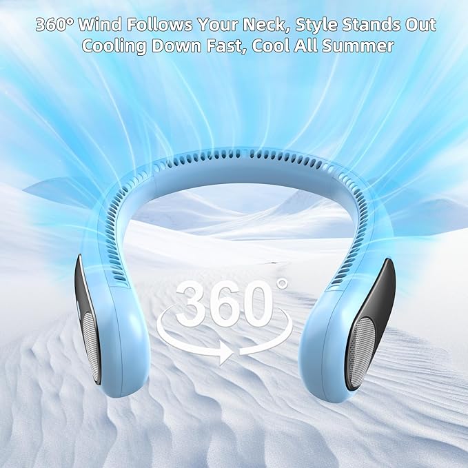 Portable Neck Fan,Personal Wearable Bladeless Fan,LED Display,4-Speeds,6000mAh USB Rechargeable,360° Strong Cooling Wind,Hands Free,White Elephant Gift,Christmas Gifts for Men Women (Light blue)