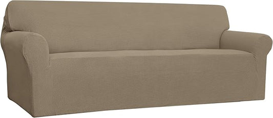 Easy-Going Stretch 4 Seater Sofa Slipcover 1-Piece Sofa Cover Furniture Protector Couch Soft with Elastic Bottom for Kids, Polyester Spandex Jacquard Fabric Small Checks Natural