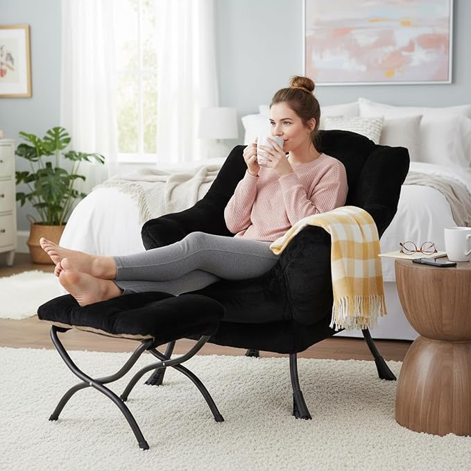 Welnow Lazy Chair with Ottoman, Reading Chair with Footrest, Plush Black | A - Image 7