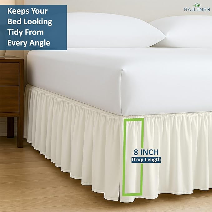 Rajlinen Ruffled Bed Skirt California King, 8 Inch Drop Dust Ruffle with Split Corners, 100% Microfiber Bedskirt with Platform, Three-Sided Coverage Ruffled Gathering Design, Ivory