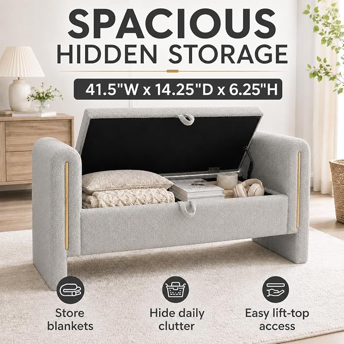 52" Upholstered Storage Bench, Wood Frame | Mid-century storage ottoman bench - Image 7