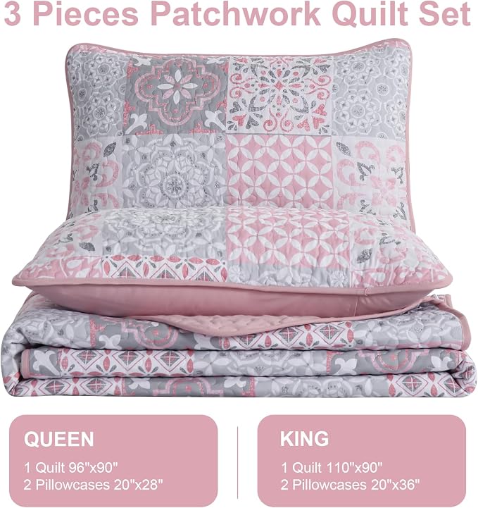 Pink Grey Quilt Set Queen Size, Boho Plaid Patchwork Bedspread Coverlet Set | - Image 7
