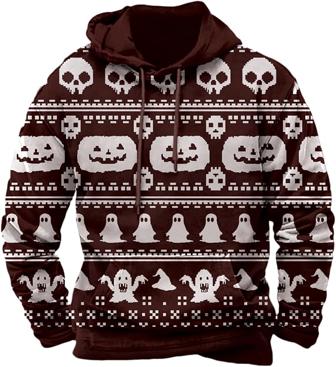 Halloween Hoodie Men Graphic Pumpkin Ghost Printed Sweatshirt Casual Trendy Long Sleeve Halloween Hooded Tops with Pockets