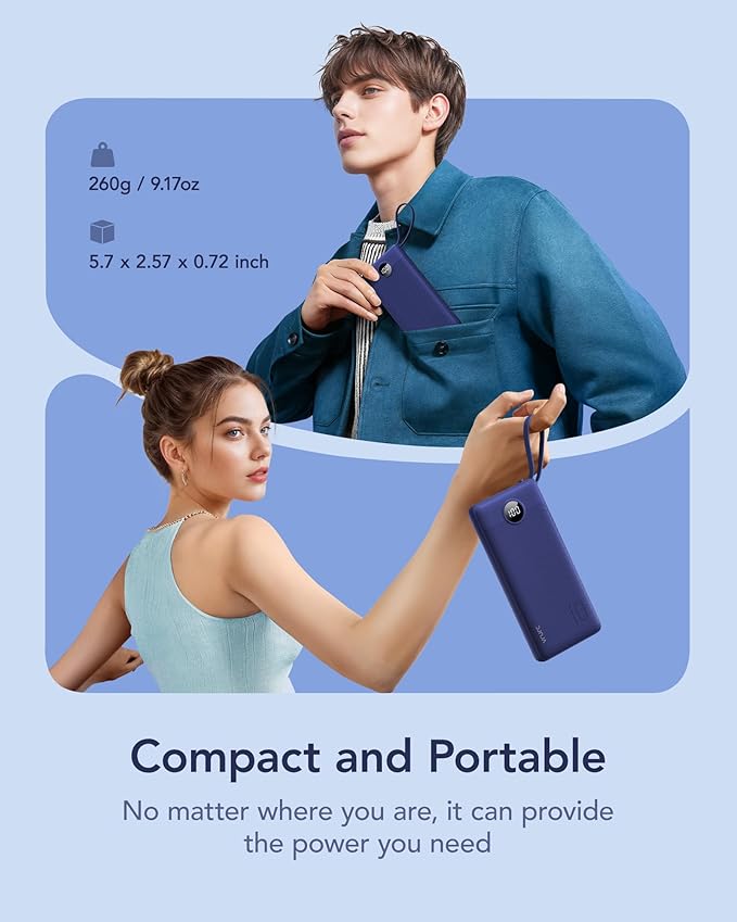 VRURC Portable Charger for iPhone, USB C Power Bank 10000mAh, Slim Travel Battery Pack with Built in Cables, 5 Outputs 2 Input Portable Phone Charger for iPhone 17 16 15 14 13, Samsung, Android-Navy