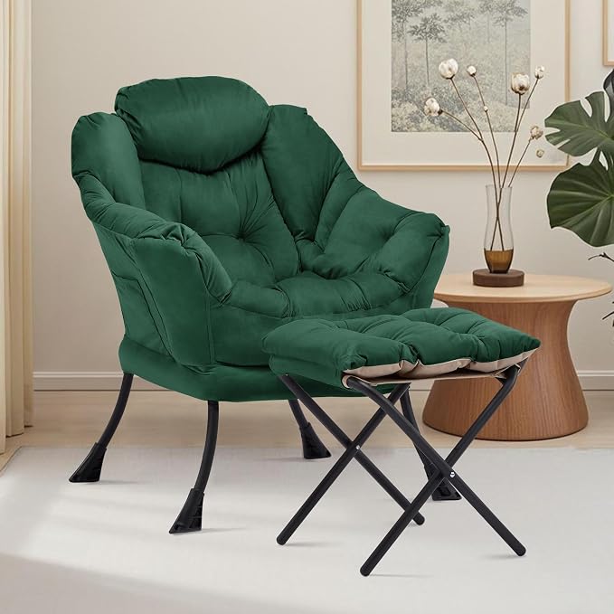 Lazy Chair with Ottoman, Comfy Reading Chair, Emerald Green | Cushioned Seat - Image 2