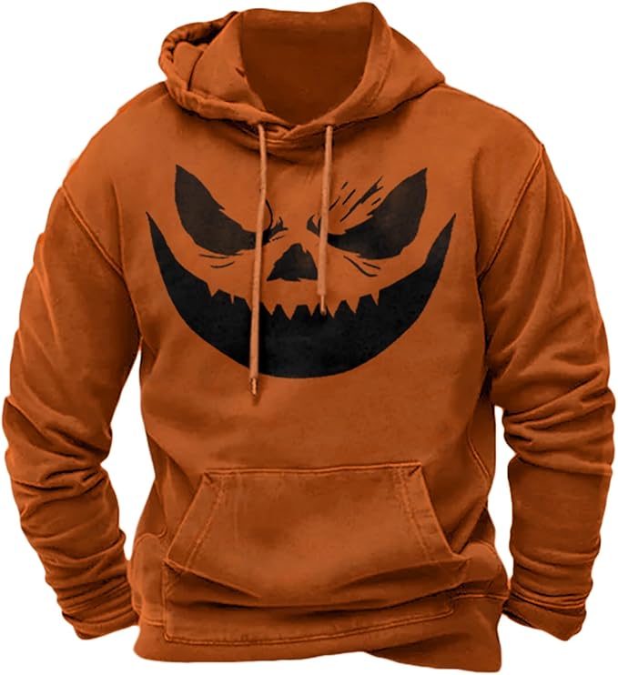 Halloween Hoodie Men Graphic Pumpkin Ghost Printed Sweatshirt Casual Trendy Long Sleeve Halloween Hooded Tops with Pockets