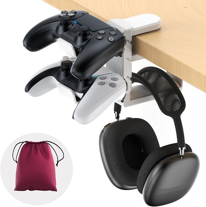 3in1 Rotating Headphone Holder - EURPMASK 3in1 PC Gaming Headset Holder w/Detachable Controller Holder, Adjustable Clamp-on Headset Stand,Headphone Hanger Hook Under Desk w/Cable Clip Organizer