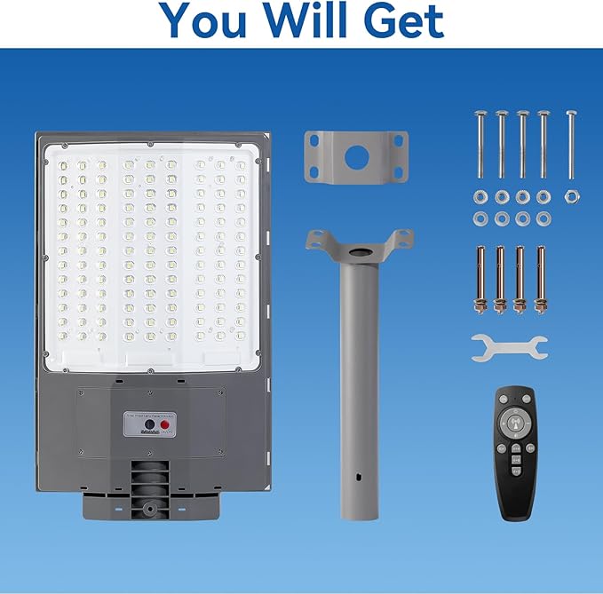 8500W Solar Street Lights Outdoor, 550000LM 7000K Solar Parking Lot Lights Dusk to Dawn 35000mAh IP67 Waterproof Pole Security Flood Lamps with Motion Sensor and Remote for Yard, Garage, Driveway