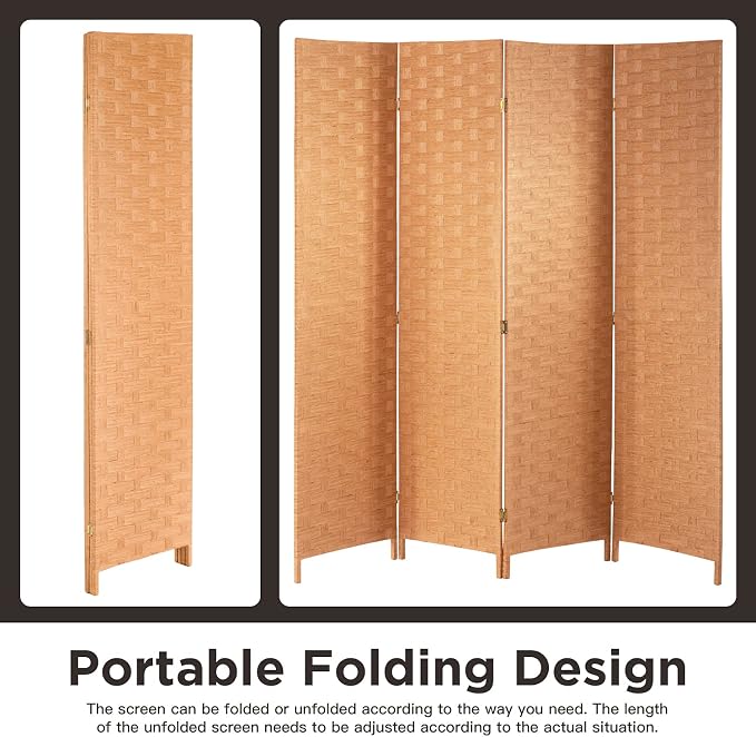 Wood Mesh Woven Design 4 Panel Folding Wooden Screen Room Divider - Image 5