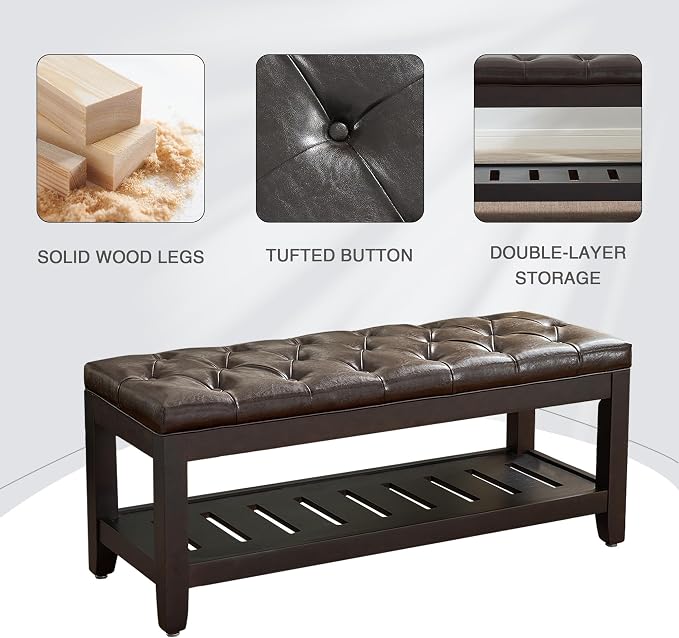 LOULENS 44'' PU Storage Bench, End of Bed Bench, Dark Brown | Solid Wood Frame - Image 7