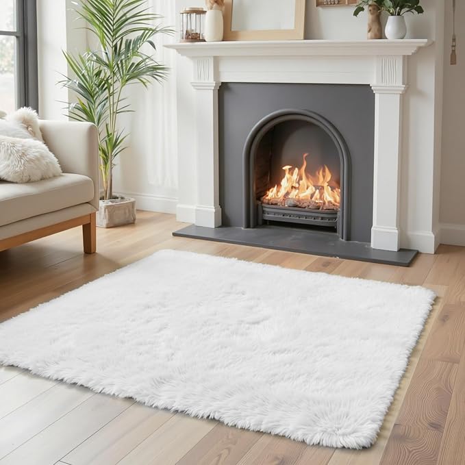 Small Shag Area Rug for Bedroom, 2x3 White Soft Plush Carpet | Non-Slip Floor - Image 2