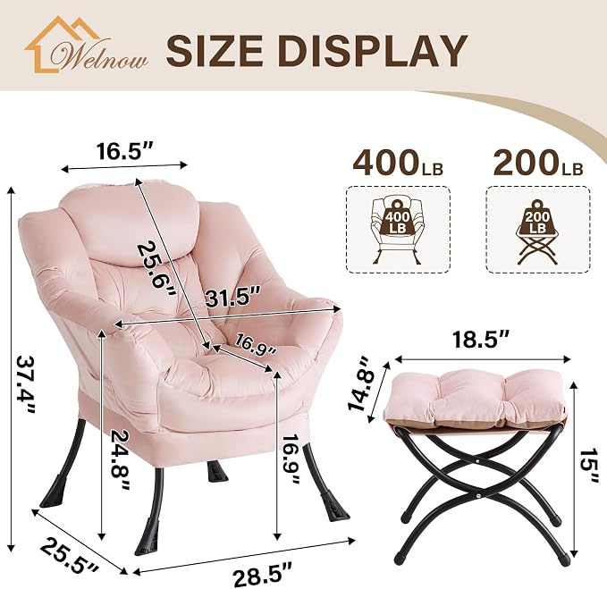 Welnow Lazy Chair with Ottoman, Reading Chair with Footrest, Foldable Footrest - Image 3
