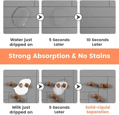 Pet Feeding Mat-Absorbent Pet Placemat for Food and Water Bowl, with Waterproof Rubber Backing, Quick Dry Water Dispenser Mat for Dog and Cat (24"x16", Striped Light Gray)