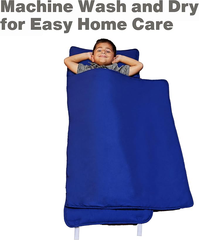EVERYDAY KIDS Nap Mat with Removable Pillow - Navy - Carry Handle with Straps Closure, Rollup Design, Soft Microfiber for Preschool, Daycare, Travel Sleeping Bag - Ages 3-6 Years
