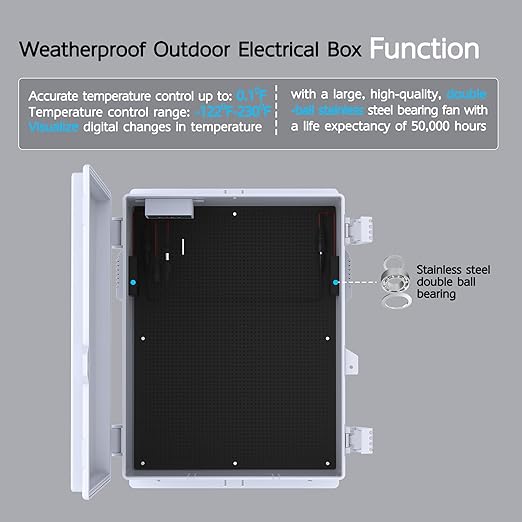 Akwscyby Outdoor Electrical Box, Waterproof Electrical Junction Box IP65 ABS Plastic Enclosure with Fan & Thermostat, Mounting Plate and Hinged Lid (15.7" H x 11" L x 5.9" W)