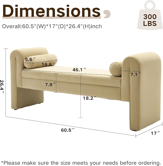 61" Velvet End of Bed Bench, Upholstered Seat - Image 2