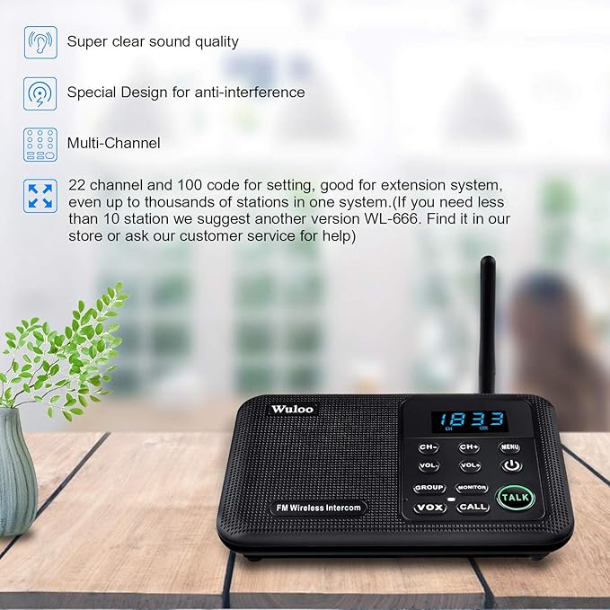 Wuloo Intercoms Wireless for Home 1 Mile Range 22 Channel 100 Digital Code Display Screen, Wireless Intercom System for Home House Business Office, Room to Room Intercom Communication(4Stations Black)