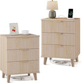 Wood Nightstands Set of 2 w/Charging Station, 3 Drawers Fluted Dresser | Natural by Lulive