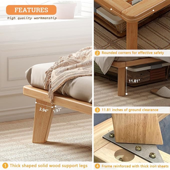 Queen Platform Bed Base - 14 Inch Solid Wood Mattress Foundation with Support Slats and Legs, Queen-Size Rubberwood Simple Bed Frame