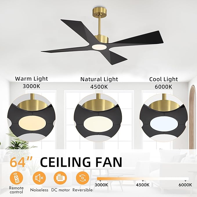 WINGBO 64" Wet Rated Outdoor Ceiling Fan with Lights, 4 ABS Plastic Blades, Reversible DC Motor, 6-Speed Remote Control, 3 CCT, Waterproof Ceiling Fan for Patio Porch Gazebo Garage, Brass and Black