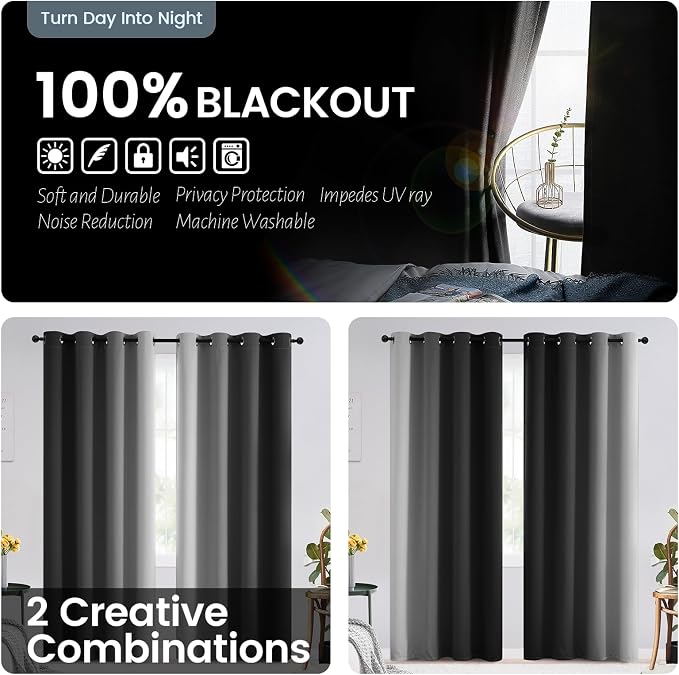 SimpleHome 100% Blackout Ombre Bedroom Curtains Black and Greyish White - Image 3