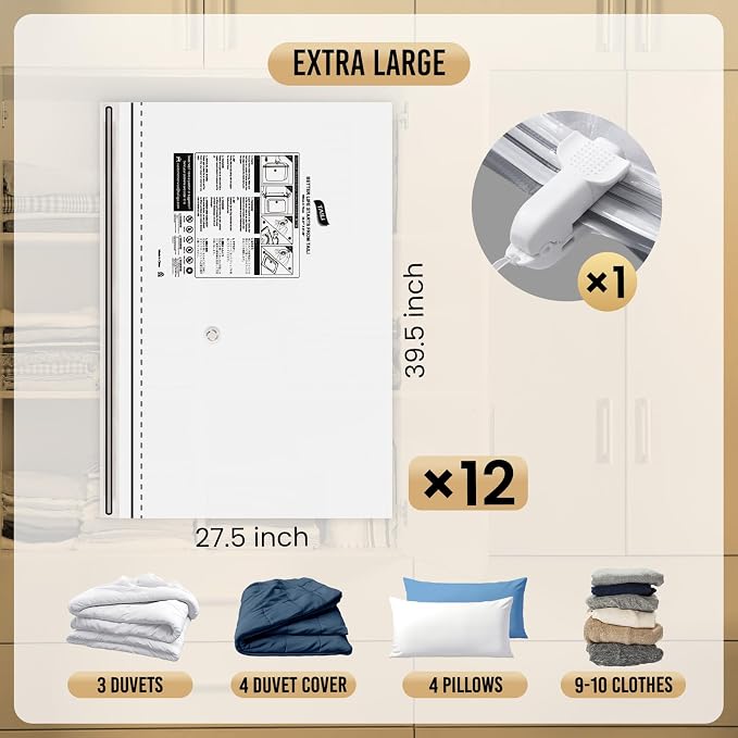 TAILI 12 Pack Vacuum Storage Bags, Jumbo LONG SIDE ZIP, Space Saver - Image 3