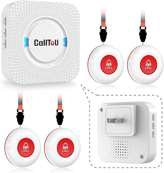CallToU Caregiver Pager Wireless Call Button Smart Bell Alert System for Elderly Home Patient Seniors Nurse 4 Portable Waterproof Transmitters 1 Plugin Receiver
