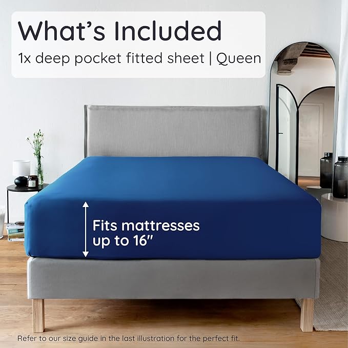 Bambaw 100% Viscose Derived from Bamboo Fitted Sheets Queen Size, Cooling Fitted Sheets Queen Size, 16’’ Deep Pocket Navy Blue Fitted Sheet, Breathable Queen Mattress Fitted Sheet Only (Navy Blue)