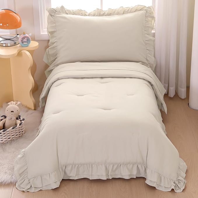 Wowelife Toddler Comforter Set for Girls, Pale Beige Toddler Bedding Set, 4 Pieces Double Ruffles Soft and Breathable Bed Set Includes Comforter, Fitted Sheet, Flat Top Sheet and Pillowcase