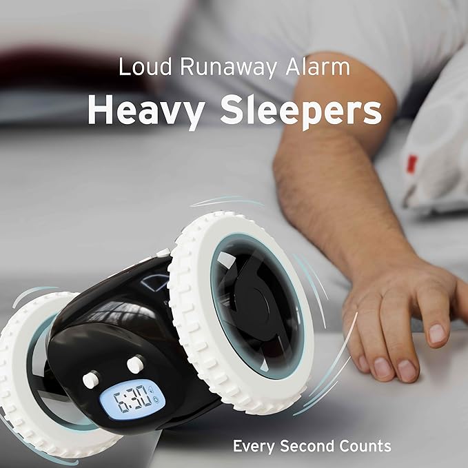 CLOCKY Extra Loud Alarm Clock for Heavy Sleepers on Wheels Rolls Runs Away Vibrating, Easy to Set Super Smart Snooze Digital Bed Shaker Alarm Clock Funny Gift for Adults Kids Teens Bedrooms (Black)